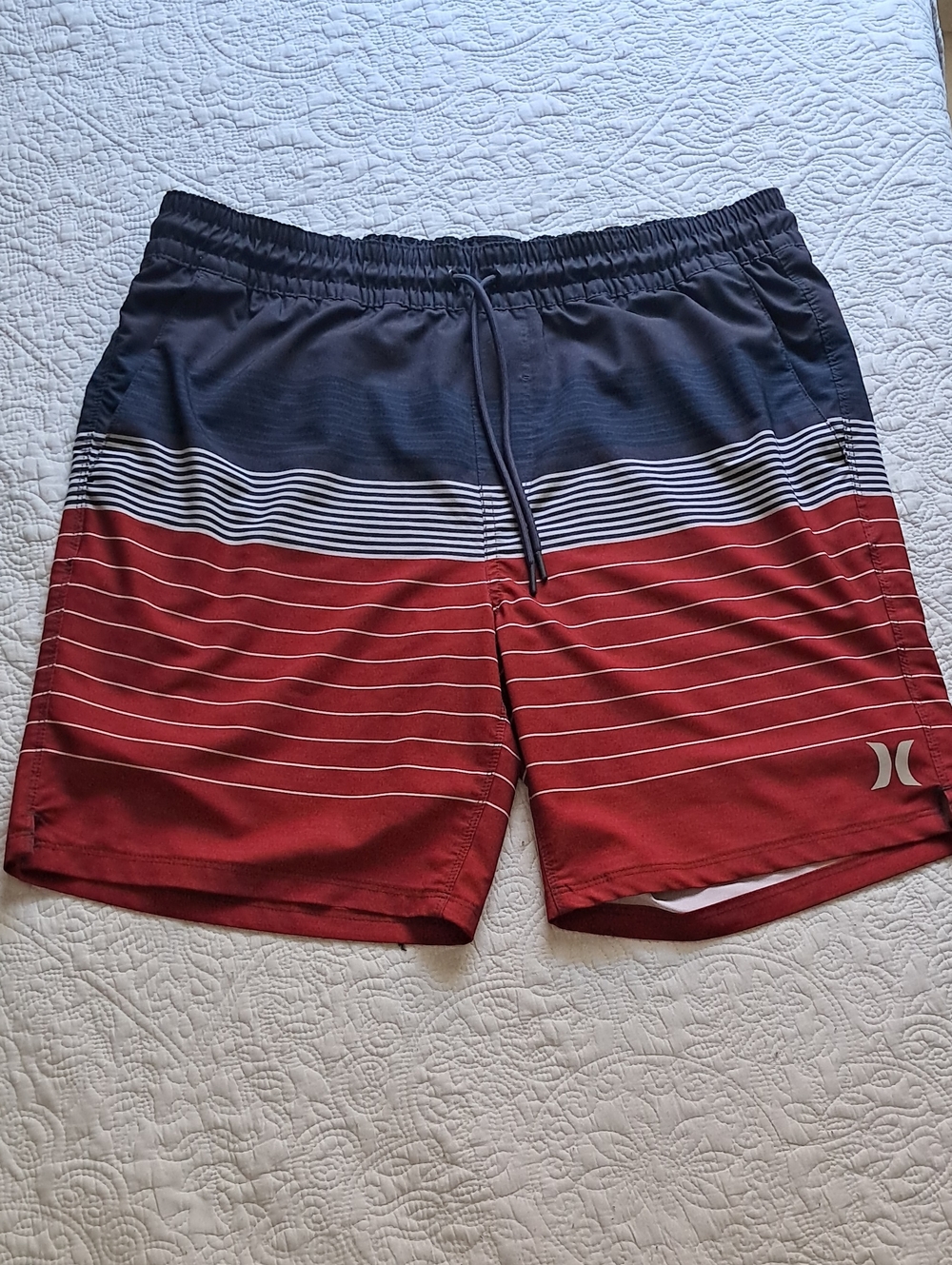 Hurley Navy, White & Red Stripe Swim Trunks